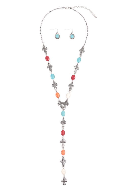 S6-6-3-AS6846-SBMT - WESTERN CONCHO CROSS SEMI  STONE LARIAT Y NECKLACE AND EARRING SET-SILVER BURNISH MULTI/1PC