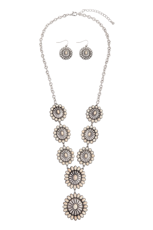 SA4-1-3-AS7002-SBHO - WESTERN CONCHO HAND CRAFT STONE NECKLACE AND EARRING SET-BURNISH SILVER HOWLITE/1PC
