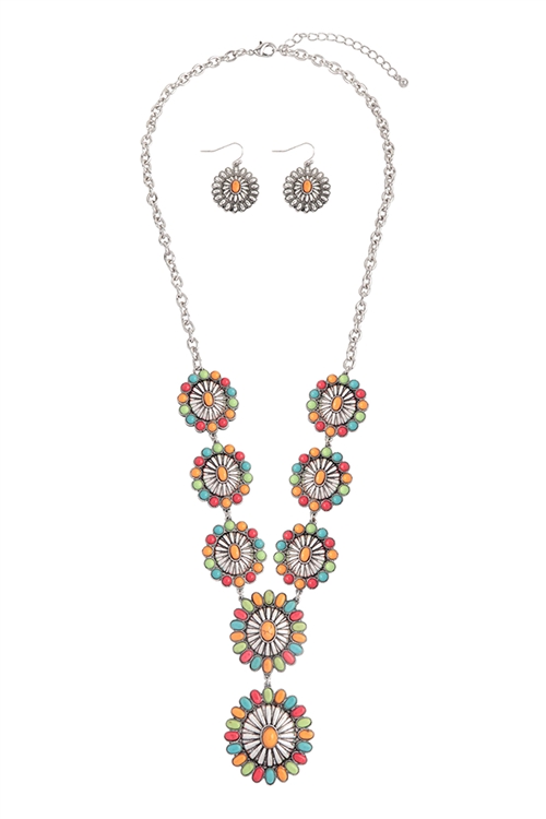 SA4-1-3-AS7002-SBMT - WESTERN CONCHO HAND CRAFT STONE NECKLACE AND EARRING SET-BURNISH SILVER MULTICOLOR/1PC (NOW $11.00 ONLY!)