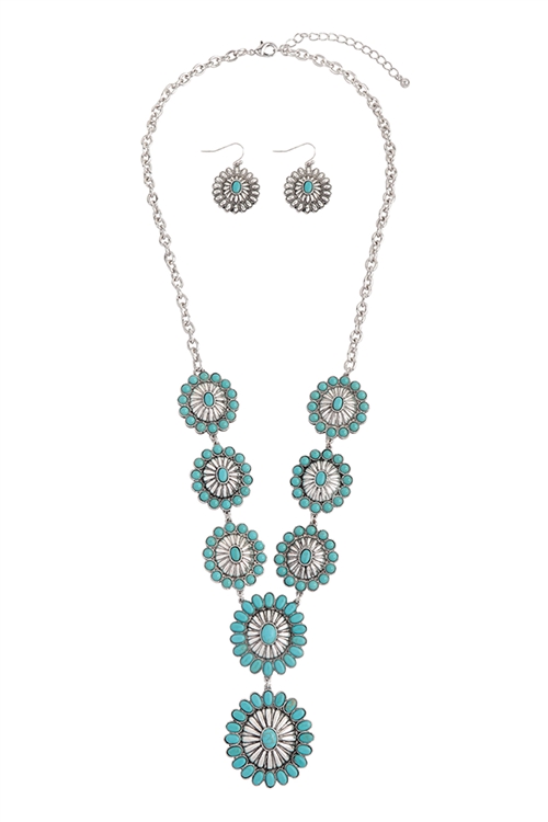 SA4-1-3-AS7002-SBTQ - WESTERN CONCHO HAND CRAFT STONE NECKLACE AND EARRING SET-BURNISH SILVER TURQUOISE/1PC