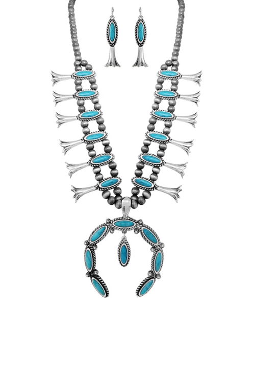 S1-1-3-AS7035-SBTQ - TRIBAL AZTEC WESTERN CONCHO STATEMENT NECKLACE AND EARRING SET-BURNISH SIILVER TURQUOISE/1PC