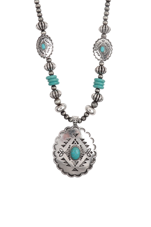 S1-5-1-AS7057-SBTQ - ENGRAVE METAL STONE  PENDANT AZTEC WESTERN CONCHO NECKLACE AND EARRINGS SET-BURNISH SILVER TURQUOISE/1PC (NOW $8.00 ONLY!)