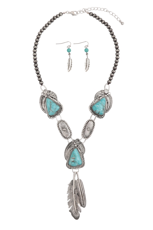 S1-5-1-AS7059-SBTQ - FEATHER METAL CAST STONE PENDANT WESTERN CONCHO  NECKLACE AND EARRING SET-BURNISH SILVER TURQUOISE/1PC