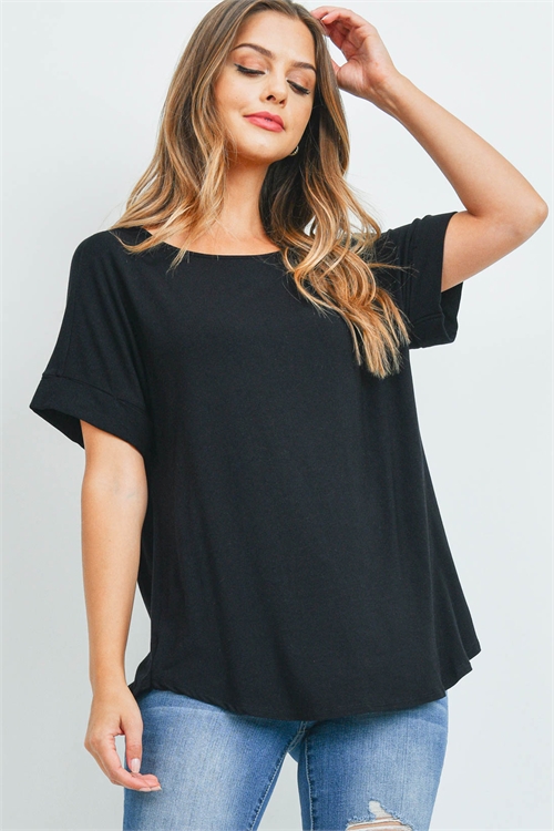 SA3-0-2-AT-45050-BK - LUXE RAYON ROLLED SLEEVE BOAT NECK ROUND HEM TOP- BLACK 1-1-2-2