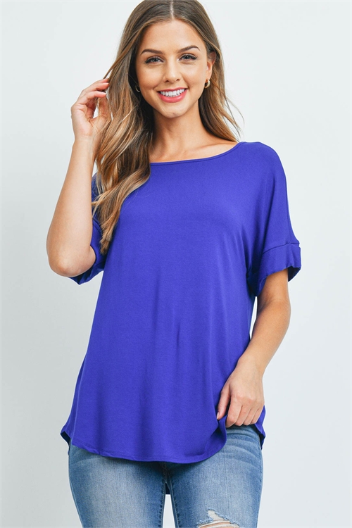 BLK-5-3-AT-45050-BRTBL-A -LUXE RAYON ROLLED SLEEVE BOAT NECK ROUND HEM TOP-BRIGHT BLUE 1-1-2-0