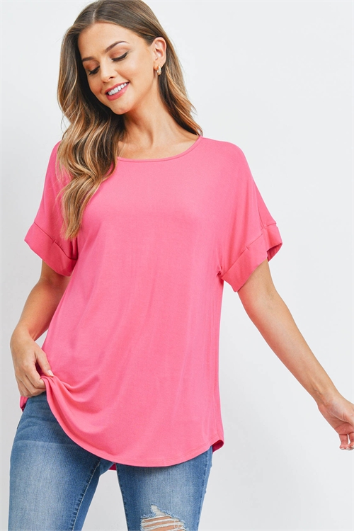 SA3-0-2-AT-45050-FCH - LUXE RAYON ROLLED SLEEVE BOAT NECK ROUND HEM TOP- FUCHSIA 1-1-2-2
