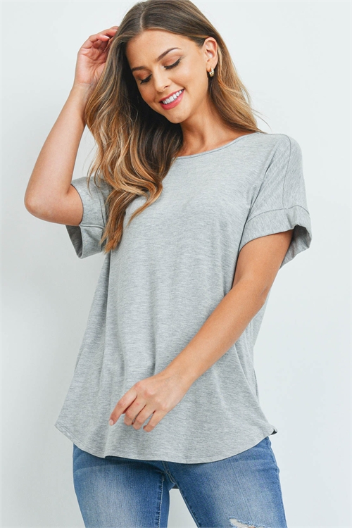 BLK-5-3-AT-45050-HG-A -LUXE RAYON ROLLED SLEEVE BOAT NECK ROUND HEM TOP-HEATHER GREY 1-0-0-4