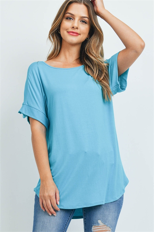 BLK-5-3-AT-45050-ICBL-A -LUXE RAYON ROLLED SLEEVE BOAT NECK ROUND HEM TOP-ICE BLUE 1-1-3-1