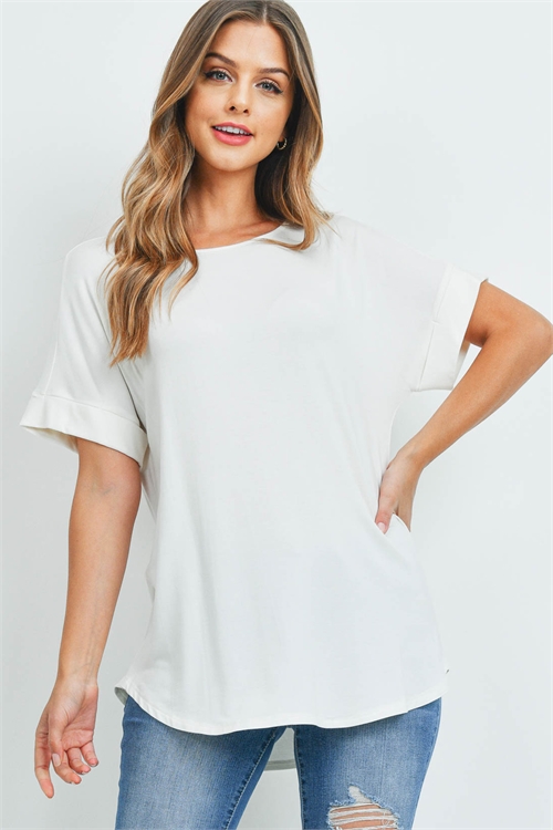 SA3-0-2-AT-45050-IV - LUXE RAYON ROLLED SLEEVE BOAT NECK ROUND HEM TOP- IVORY 1-1-2-2