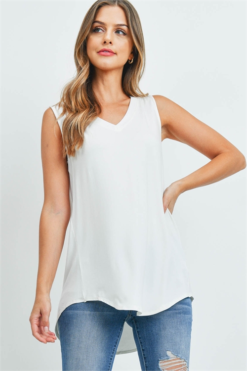 SA3-000-4-AT-5540-IV - LUXE RAYON SLEEVELESS V-NECK HI-LOW HEM TOP- IVORY 1-1-2-2