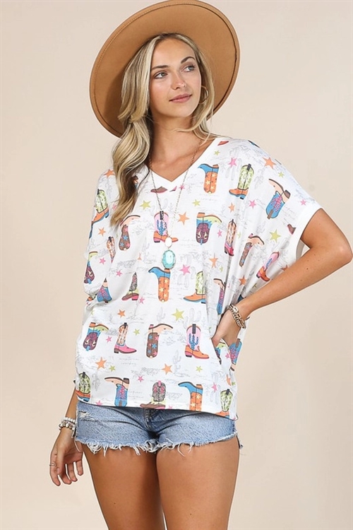 S37-1-1-AV-AV1088-BRIANNA - BOOTS PRINT DOLMAN SLEEVE BOXY TOP- 1-2-2-1