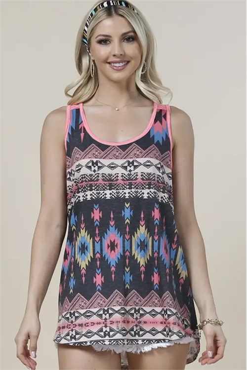 S37-1-1-AV-AV1091-HELEN - AZTEC PRINT STRIPED CONTRAST SLEEVELESS TOP- 1-2-2-1