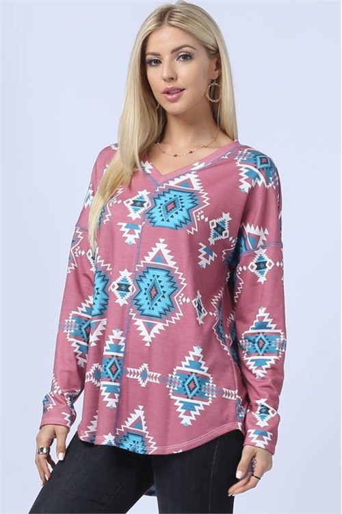 S37-1-1-AV-AV1146-MVTQ - PRINTED V-NECK FRENCH TERRY TOP- MAUVE/TURQUOISE 1-2-2-1