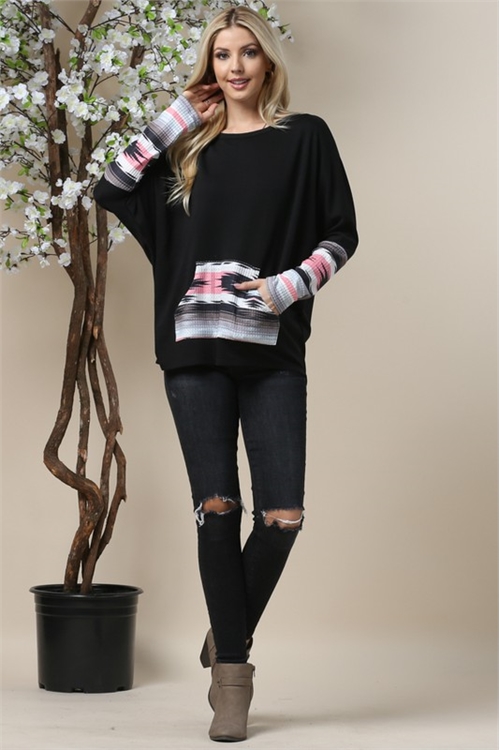 S37-1-1-AV-AV 1157-BLACK-AZTEC PRINT LONG SLEEVE TOP WITH KANGAROO POCKET-BLACK-1-2-2-1