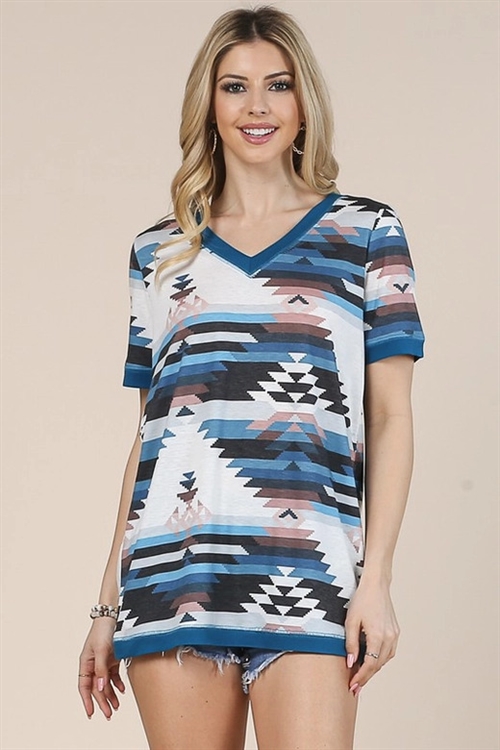 S37-1-1-AV-AV1167-JILLIAN - AZTEC PRINT COLOR BLOCK V NECK TOP- 1-2-2-1