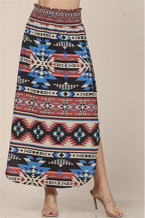 S37-1-1-AV-AV1213-GINA - AZTEC PRINT SMOCK WAIST WOVEN SKIRT- 1-2-2-1