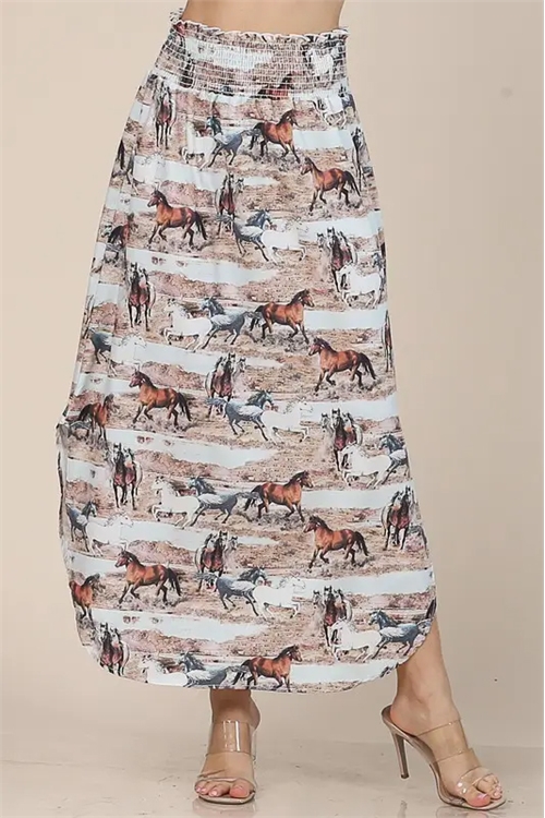 S37-1-1-AV-AV1213-SOFIA - HORSE PRINT SMOCK WAIST MAXI SKIRT- 1-2-2-1