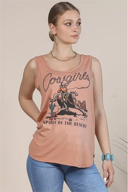 S37-1-1-AV-AV196-ANDI-RU - COWGIRLS GRAPHIC RELAXED FIT SLEEVELESS TOP-RUST-1-2-2-1