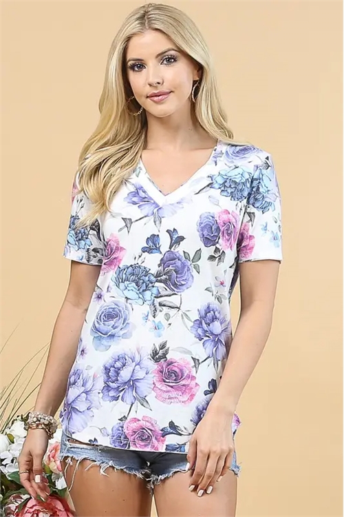 S37-1-1-AV-AV407-GWEN - FLORAL PRINT SHORT SLEEVE V NECK TOP- 1-2-2-1