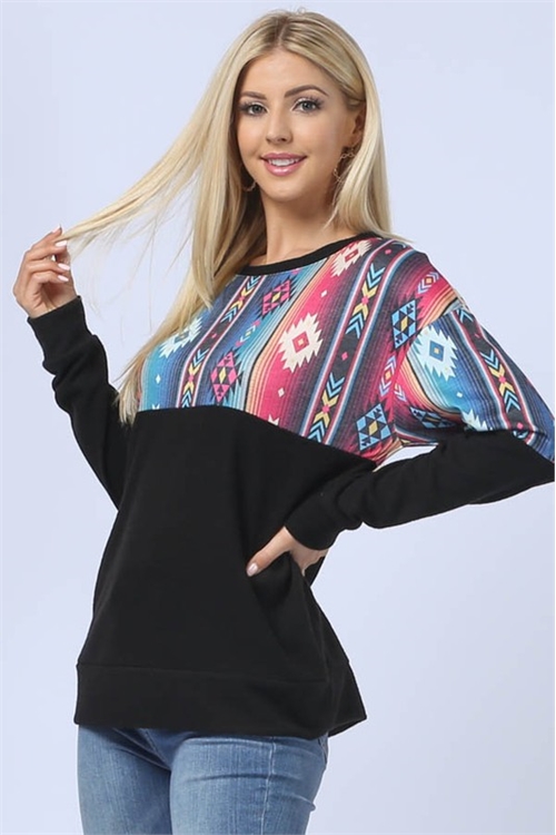 S37-1-1-AV-KC040-EDEN-BLACK AZTEC PRINT LONG SLEEVE ROUND NECK PULL OVER TOP-1-2-2-1