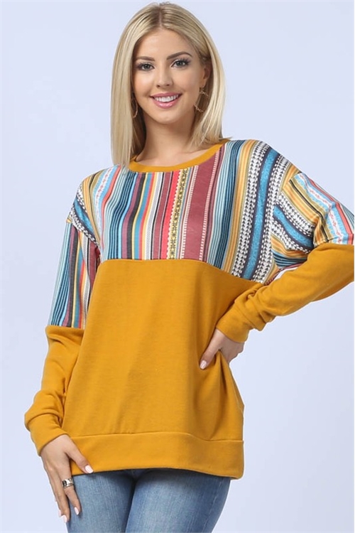 S37-1-1-AV-KC040-ZOE-MUSTARD-MUSTARD STRIPED LONG SLEEVE ROUND NECK PULL OVER TOP-1-2-2-1