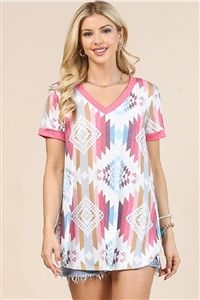 S37-1-1-AV1003-SABRINA - AZTEC PRINT COLOR BLOCK V NECK TOP- 1-2-2-1