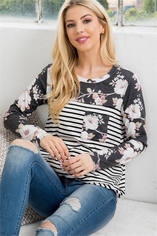 S37-1-1-AV-AV1059-KEIRA-BKF-FLORAL STRIPES CONTRAST LONG SLEEVE RAYON TOP-BLACK FLORAL-1-2-2-1