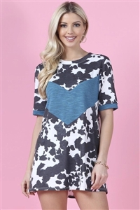 S37-1-1-AV1100-RILEY - COW PRINT COLOR BLOCK SHORT SLEEVE TOP- 1-2-2-1