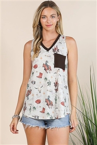 S37-1-1-AV1129-CHANTELL - WESTERN COWBOY PRINT SLEEVELESS V NECK TOP- 1-2-2-1