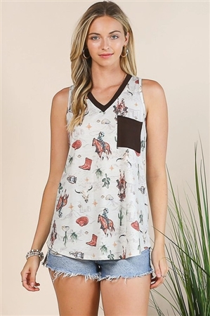 S37-1-1-AV1129-CHANTELL - WESTERN COWBOY PRINT SLEEVELESS V NECK TOP- 1-2-2-1