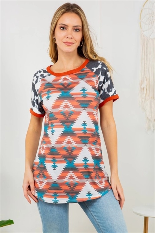 S37-1-1-AV1134-SOL - AZTEC-COW PRINT COLOR BLOCK SS TEE- 1-2-2-1