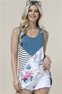 S37-1-1-AV1139-PATRICIA - FLORAL PRINT STIPED CONTRAST SLEEVELESS TOP- 1-2-2-1