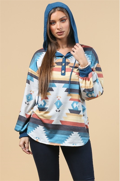 S37-1-1-AV-AV1156-DANNI-AZTEC PRINT BUTTON DETAIL HOODIE-TEAL-1-2-2-1