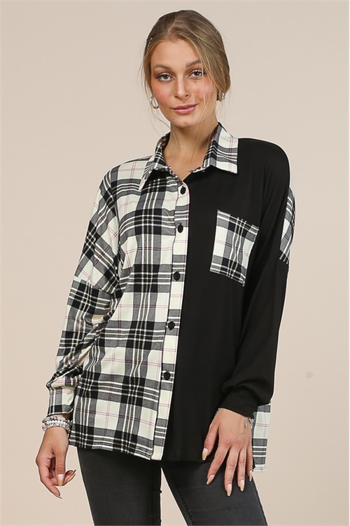 S37-1-1-AV-AV1161-KATE-BK-PLAID COLOR BOCK BUTTON DOWN TOP-BLACK-2-2-2