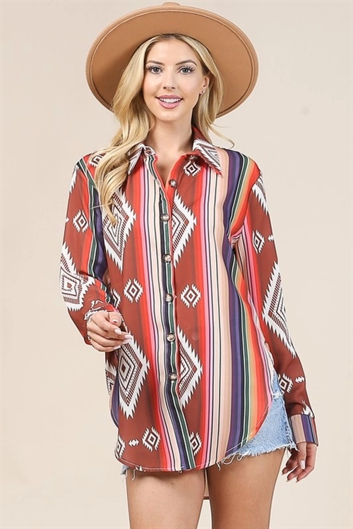 S37-1-1-AV1229-JULIE-MAR - AZTEC PRINT BUTTON DOWN WOVEN SHIRT- 1-2-2-1