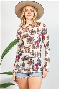 S37-1-1-AV1230-ESTHER - VINTAGE WESTERN PRINT SEMI SHEER MESH TOP- 1-2-2-1