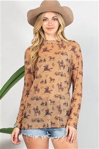 S37-1-1-AV1230-ISLA - BUCKING HORSES PRINT SEMI SHEER MESH TOP- 1-2-2-1