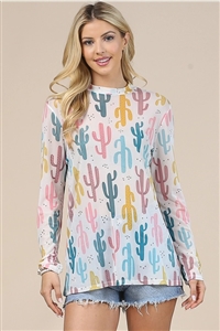 S37-1-1-AV1230-LOREE - CACTUS PRINT MOCK NECK MESH TOP- 1-2-2-1