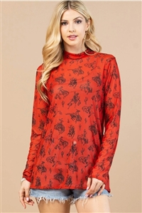 S37-1-1-AV1230-MARGOT - BUCKING HORSES PRINT SEMI SHEER MESH TOP- 1-2-2-1