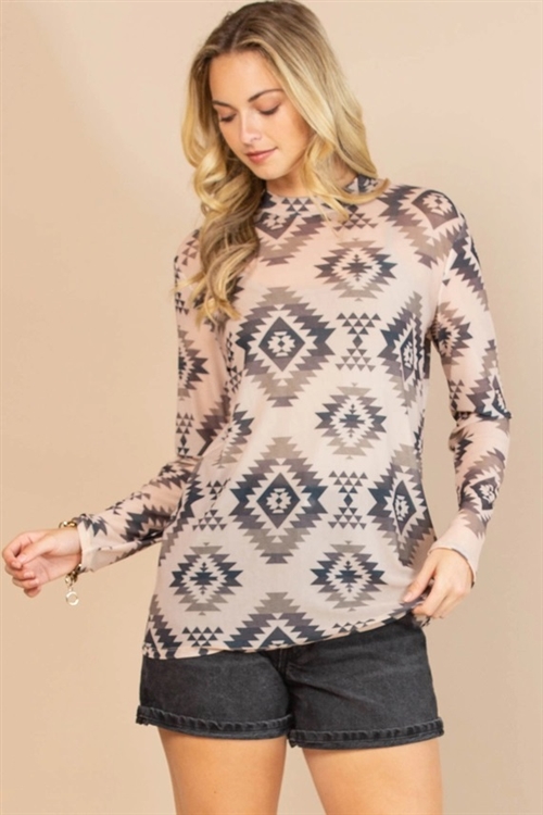 S37-1-1-AV1230-MAYA - AZTEC PRINT SEMI SHEER MESH TOP- 1-2-2-1