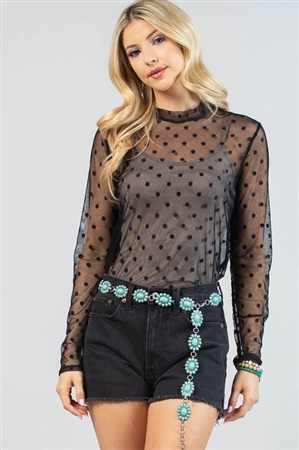 S37-1-1-AV1276-AMBER - POLKA DOT SHEER MESH TOP- 1-2-2-1