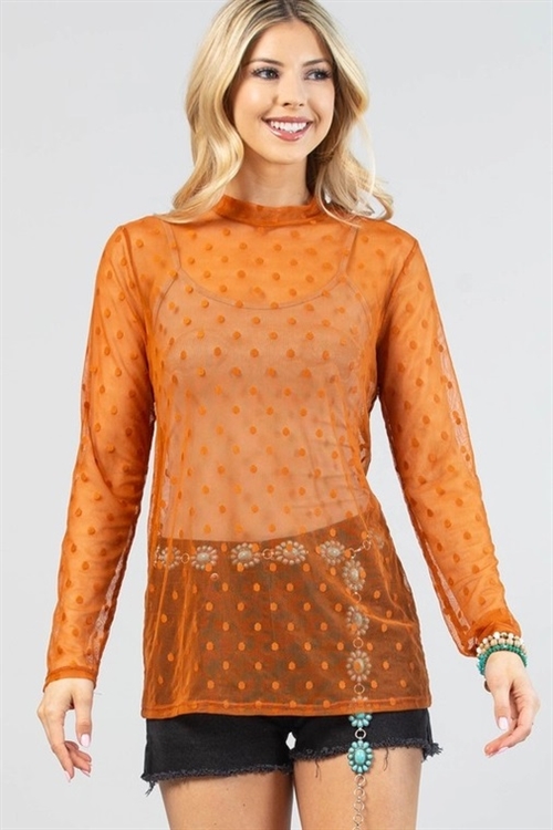 S37-1-1-AV1276-AMBER-RU - POLKA TOP SHEER MESH TOP- 1-2-2-1