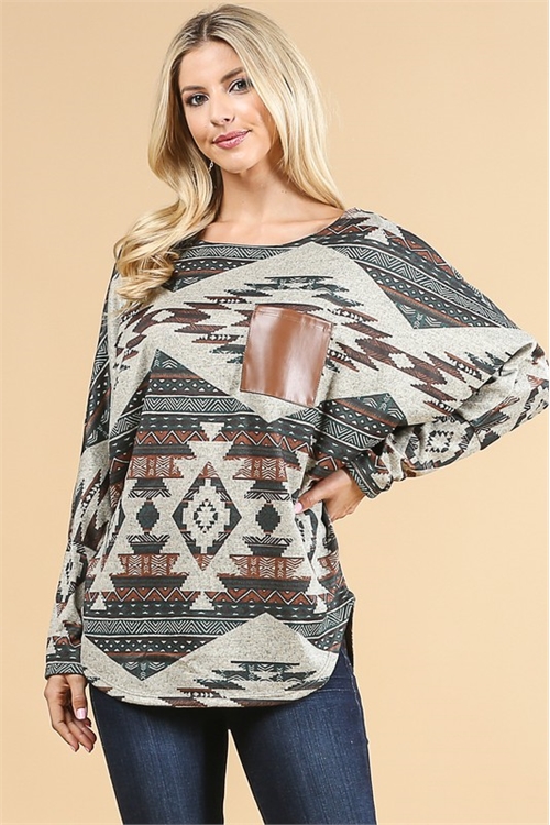 S37-1-1-AV-AV1298-BECCA-AZTEC PRINT DOLMAN SLEEVE LEATHER POCKET TOP-1-2-2-1