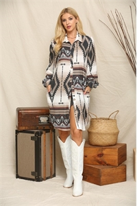 S37-1-1-AV-AV1375-THANDIE-BR-AZTEC PRINT BUTTON DOWN SHIRT DRESS WITH POCKETS-BROWN-1-2-2-1