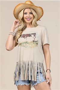 S37-1-1-AV192-CINDY - COW GRAPHIC SHORT SLEEVE FRINGE TOP- 1-2-2-1