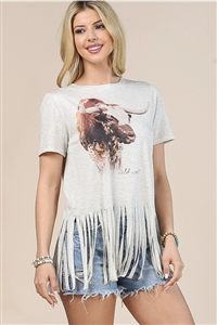 S37-1-1-AV192-IRENE - COW GRAPHIC SHORT SLEEVE FRINGE TOP- 1-2-2-1