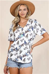 S37-1-1-AV407-HELEN - HORSE PRINT WESTERN V NECK T-SHIRT- 1-2-2-1