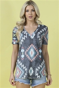 S37-1-1-AV407-MONTREAL - AZTEC PRINT SHORT SLEEVE V NECK TOP- 1-2-2-1