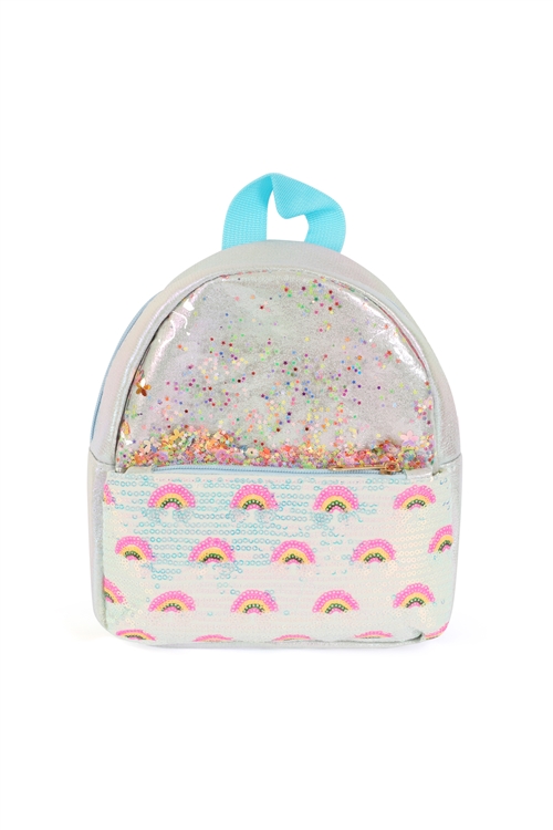 S28-1-3-AWG2414-BLUE - CUTE RAINBOW GLITTER KIDS BACKPACK-BLUE/1PC