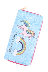 S7-5-2-AWW0002-2 - RAINBOW UNICORN PRINTED SINGLE ZIPPER WALLET-BLUE/1PC (NOW $2.25 ONLY!)